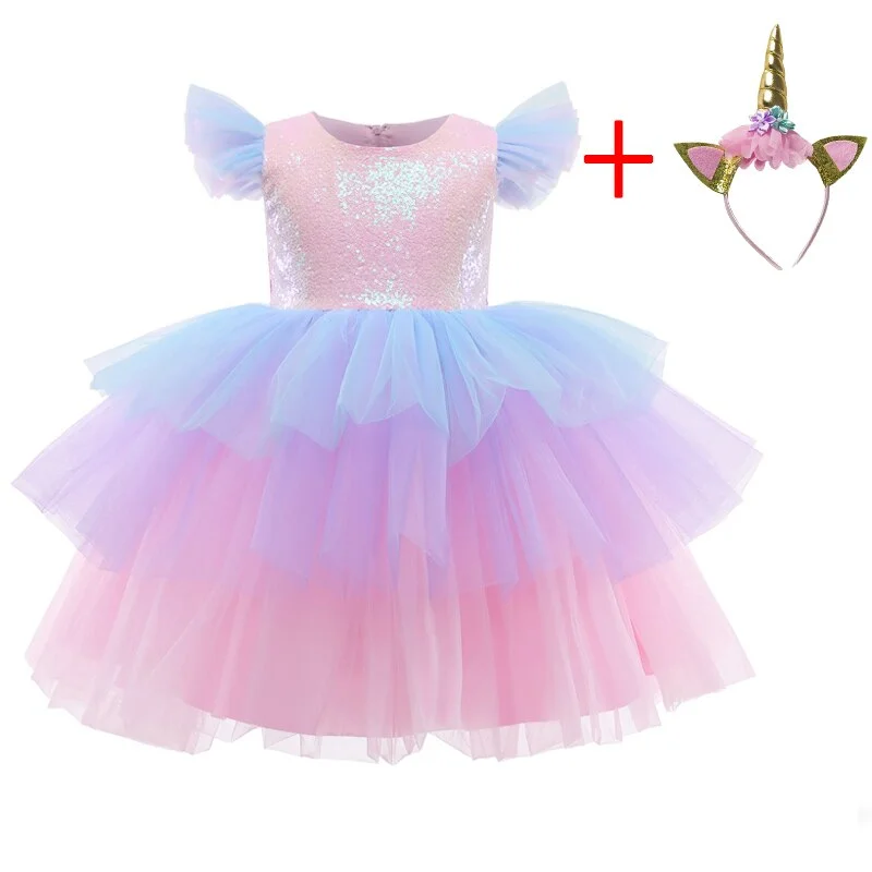 Rainbow Unicorn Princess Dress 4-10 Years Children Girls Fromal Party Clothing Flower Girl Wedding Ceremony Kids Girls Dresses