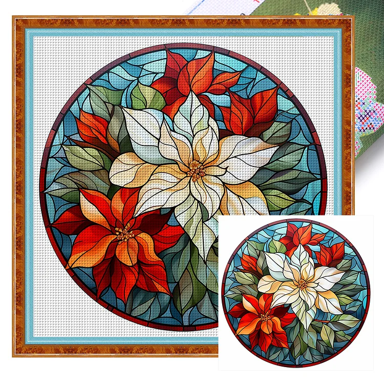 【Huacan Brand】Retro Christmas - Red Flowers 18CT Stamped Cross Stitch 25*25CM