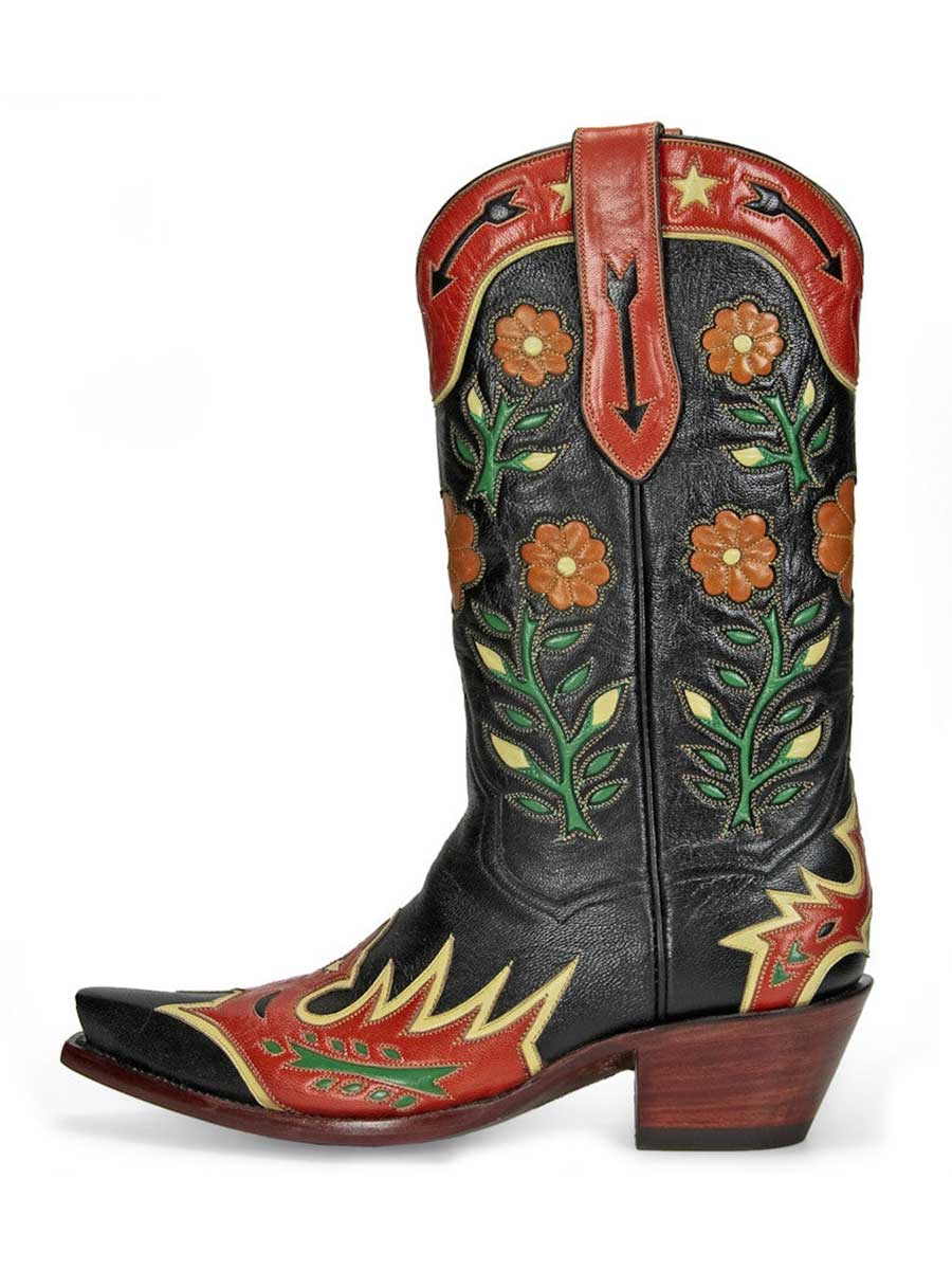 Black & Orange Flower Inlay Snip Toe Chunky Heel Cowgirl Boots