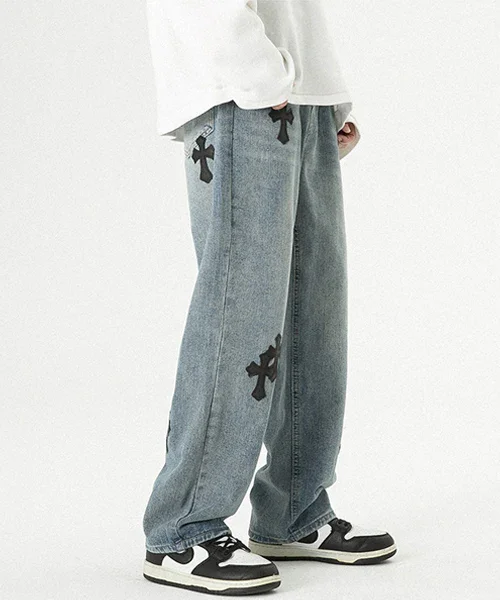 Hiphop Crisscross Embroidered Wide Leg Jeans at Hiphopee