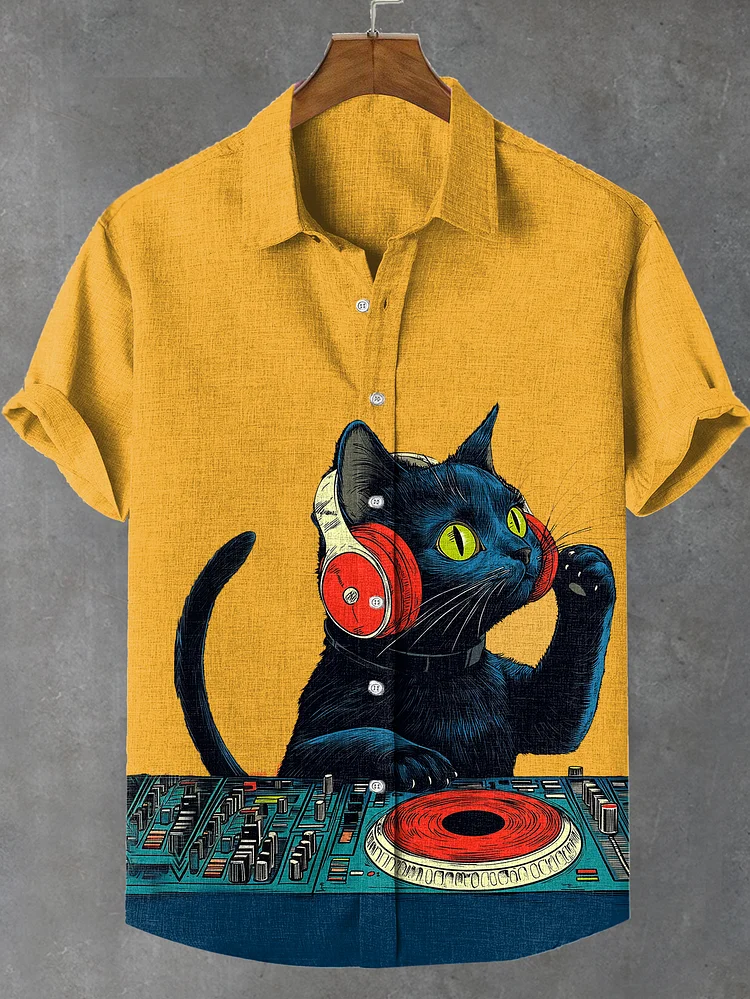 Men's Enjoy Music Black Cat DJ Print Casual Short Sleeve Shirt