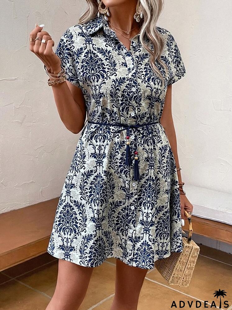 Allover Print Belted Shirt Dress