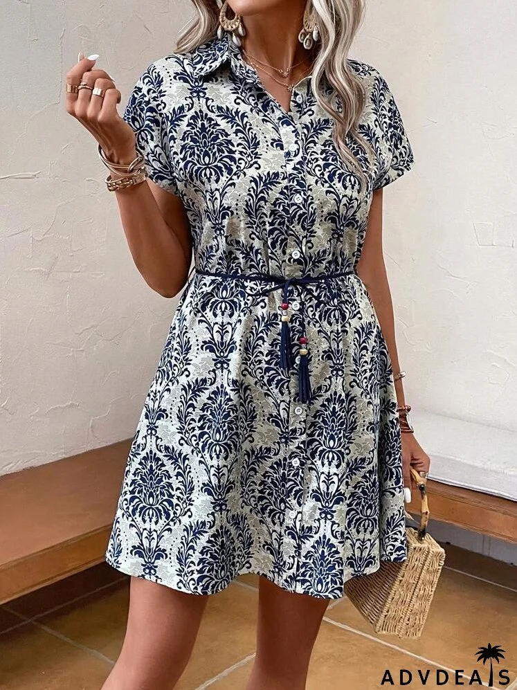 Allover Print Belted Shirt Dress