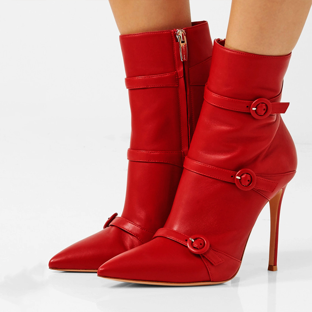 Red Closed Toe 4'' Stiletto Heel Winter Ankle Boots Nicepairs