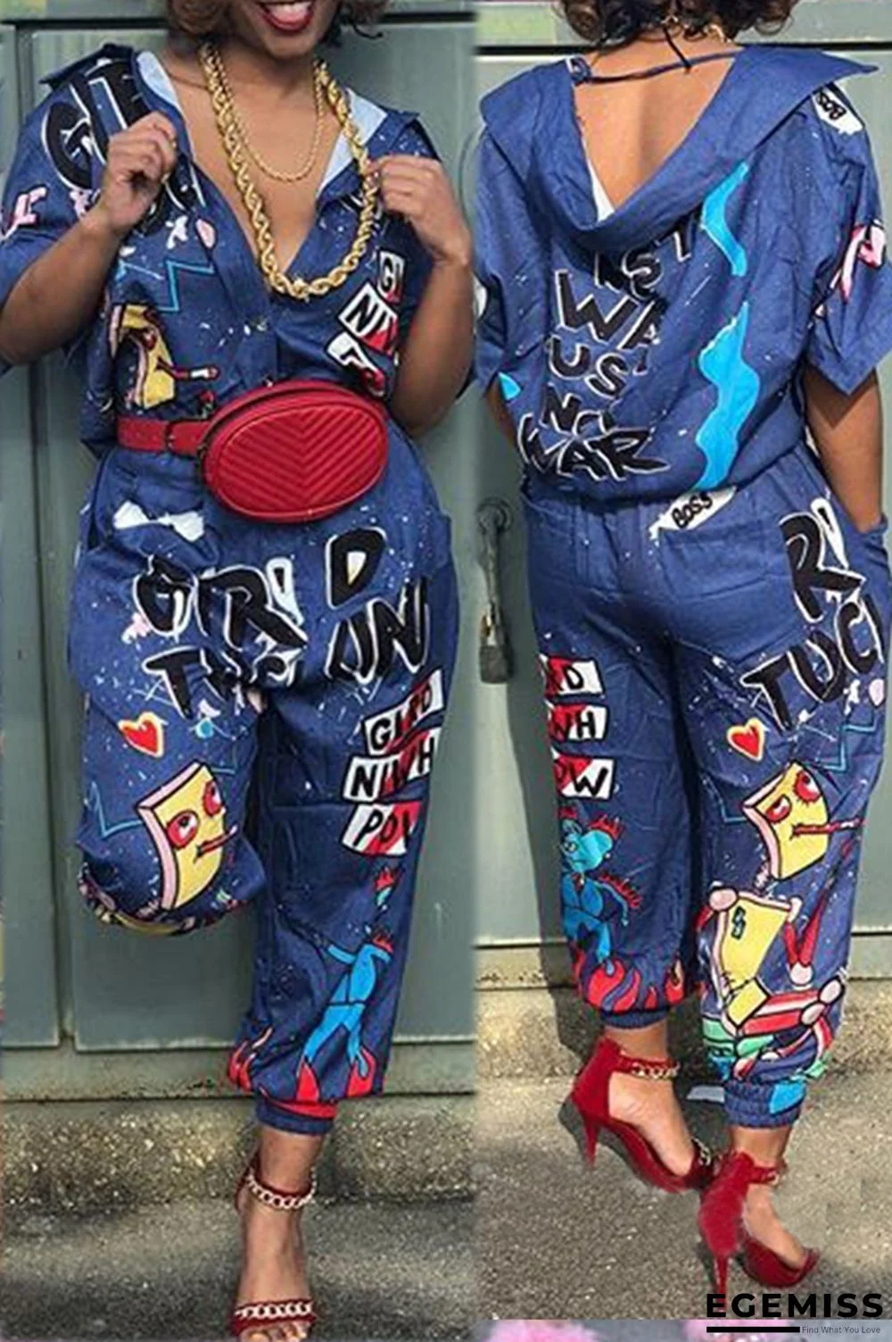 Blue Euramerican Cartoon Printing One-piece Jumpsuits | EGEMISS