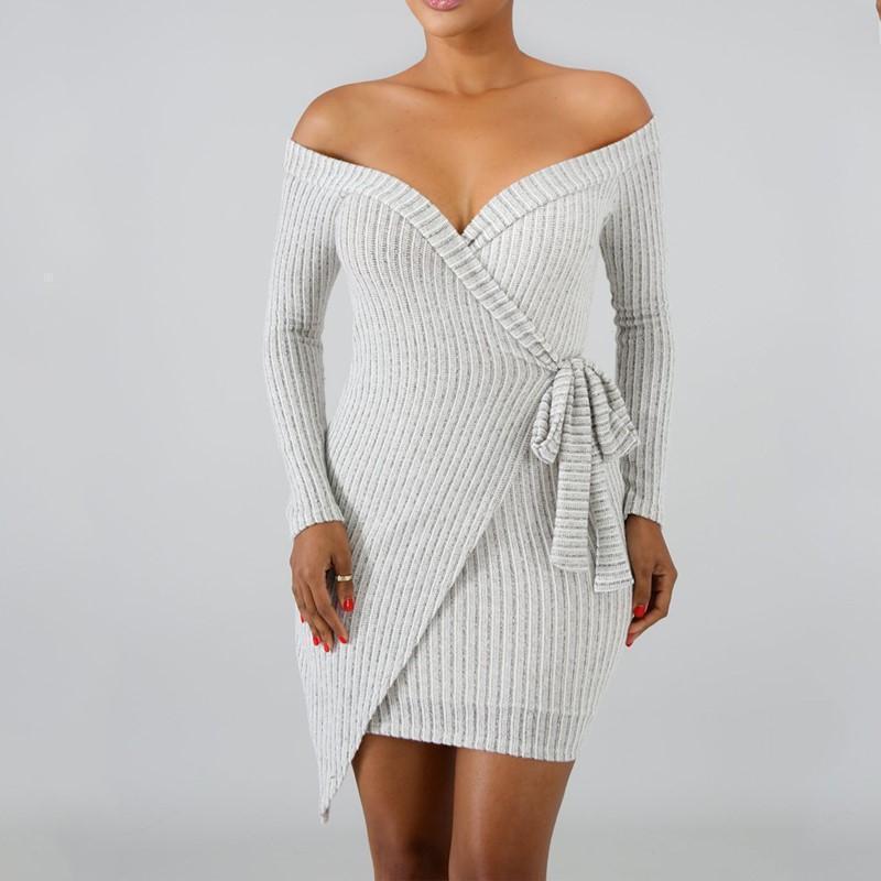 Casual Sexy V Neck Off The Shoulder Knitted Sweater Mini Dresses