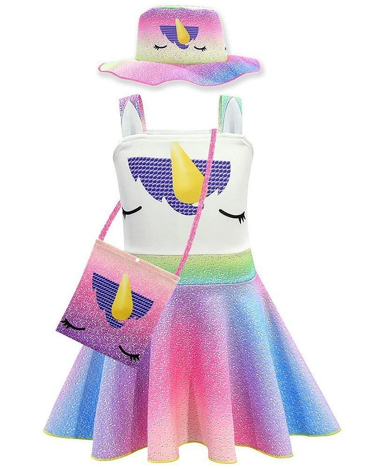 3-9 Years Girls Rainbow Unicorn Prints Slip Dress With Bucket Hat Bag-Mayoulove