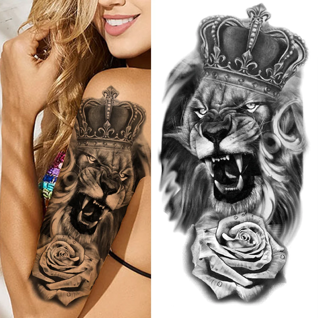 Sdrawing King Crown Temporary Tattoos For Women Men Adult Black Tiger Forest Skull Tattoo Sticker Fake Skeleton Fashion Tatoo Flower