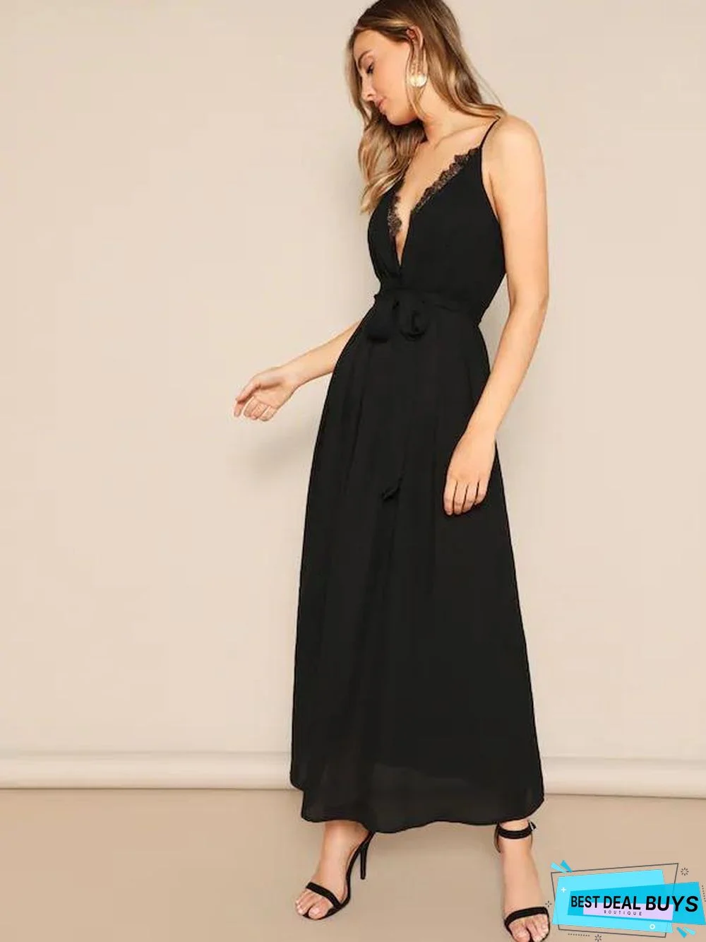 Plunging Neck Eyelash Lace Trim Belted Cami Dress