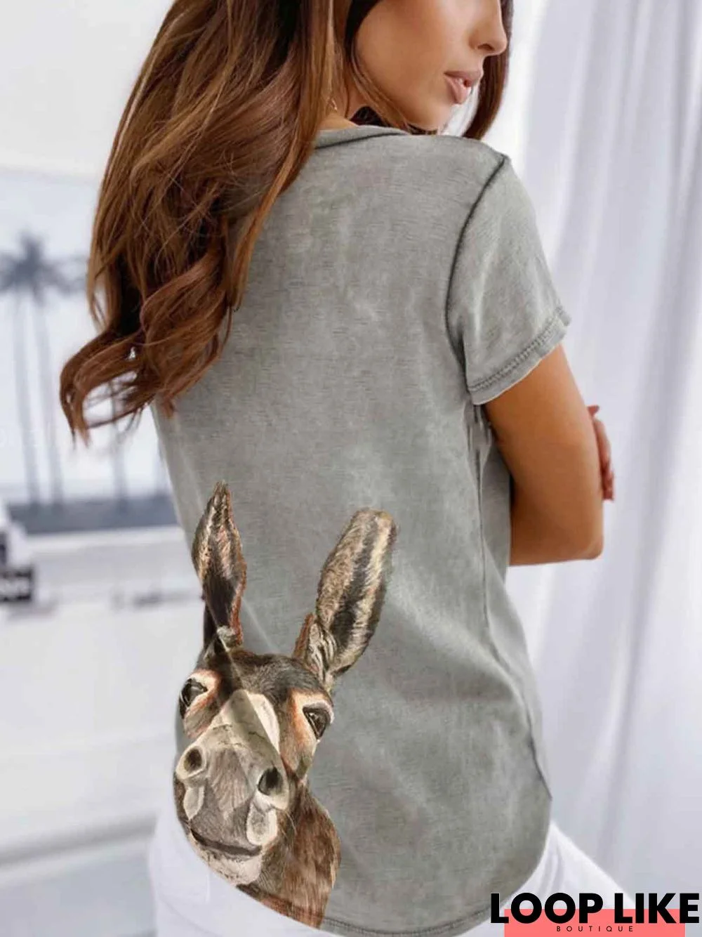 Gray Animal Short Sleeve V Neck Cotton T-shirt