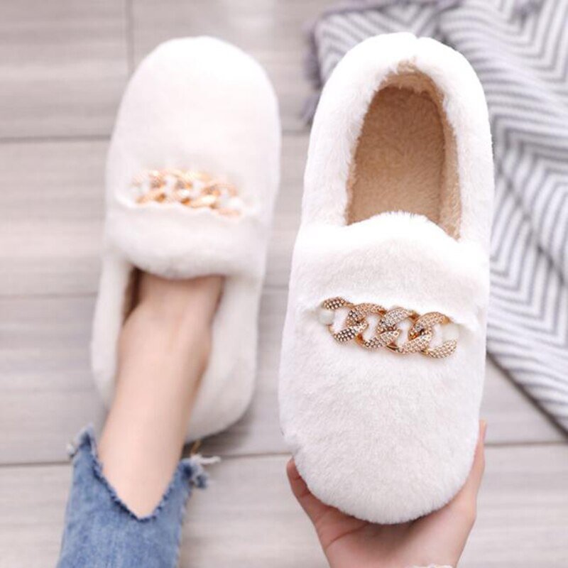 2020 Winter Fluffy Women Shoes Fashion Chain Warm Fur Flat Shoes Woman Indoor Slippers Causal Home Lady Shoes Platform Shoes