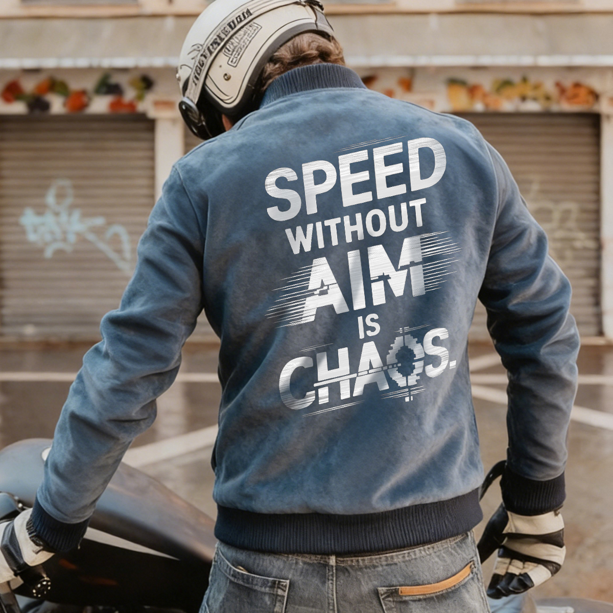 Luminous Moto Suede Jacket With Speed Without Aim Graphic Design