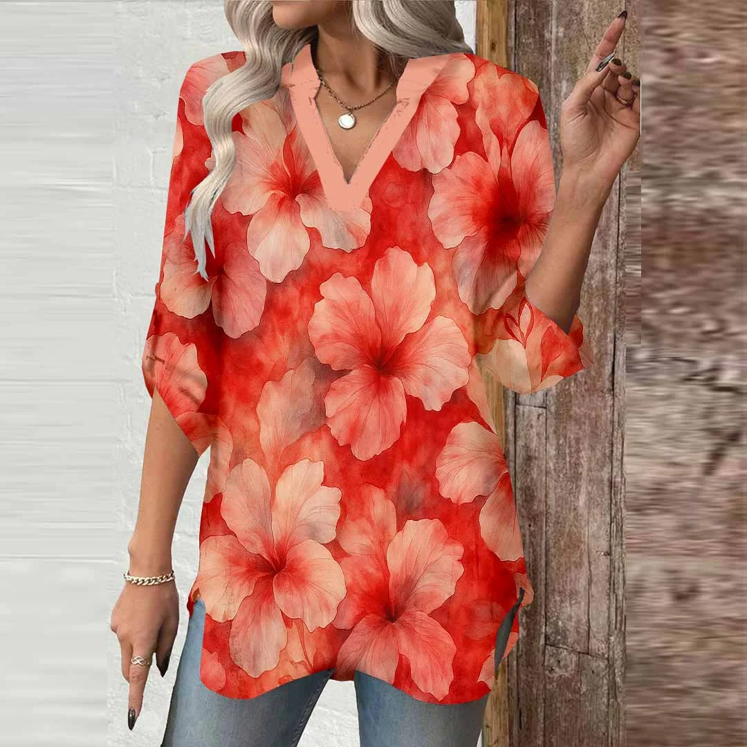 Women Floral, Pink, Red,Ladynora DZGA0072 3/4 Sleeve V-neck Printed Graphic Button Tops