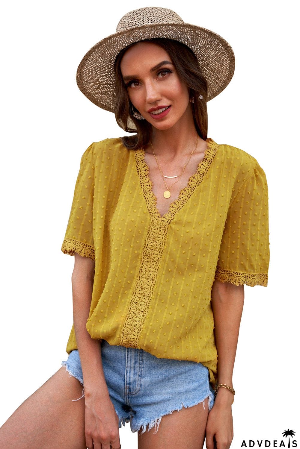 Chic Yellow Lace Splicing V-Neck Swiss Dot Short Sleeve Blouse