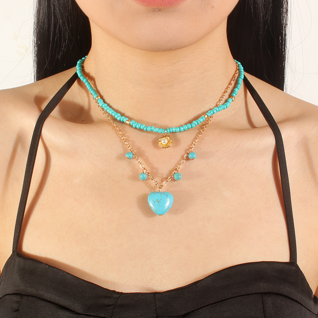Boho Turquoise Beaded Heart Shaped Pendant Double Layered Necklace 2024 - Flycurvy 