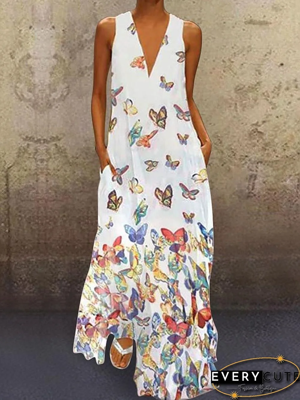 Women's A-Line Dress Maxi long Dress - Sleeveless Butterfly Animal Print Summer Deep V Plus Size Hot Casual Beach  White Purple Yellow Blushing Pink Light Blue S M L XL XXL 3XL 4XL 5XL White Dresses