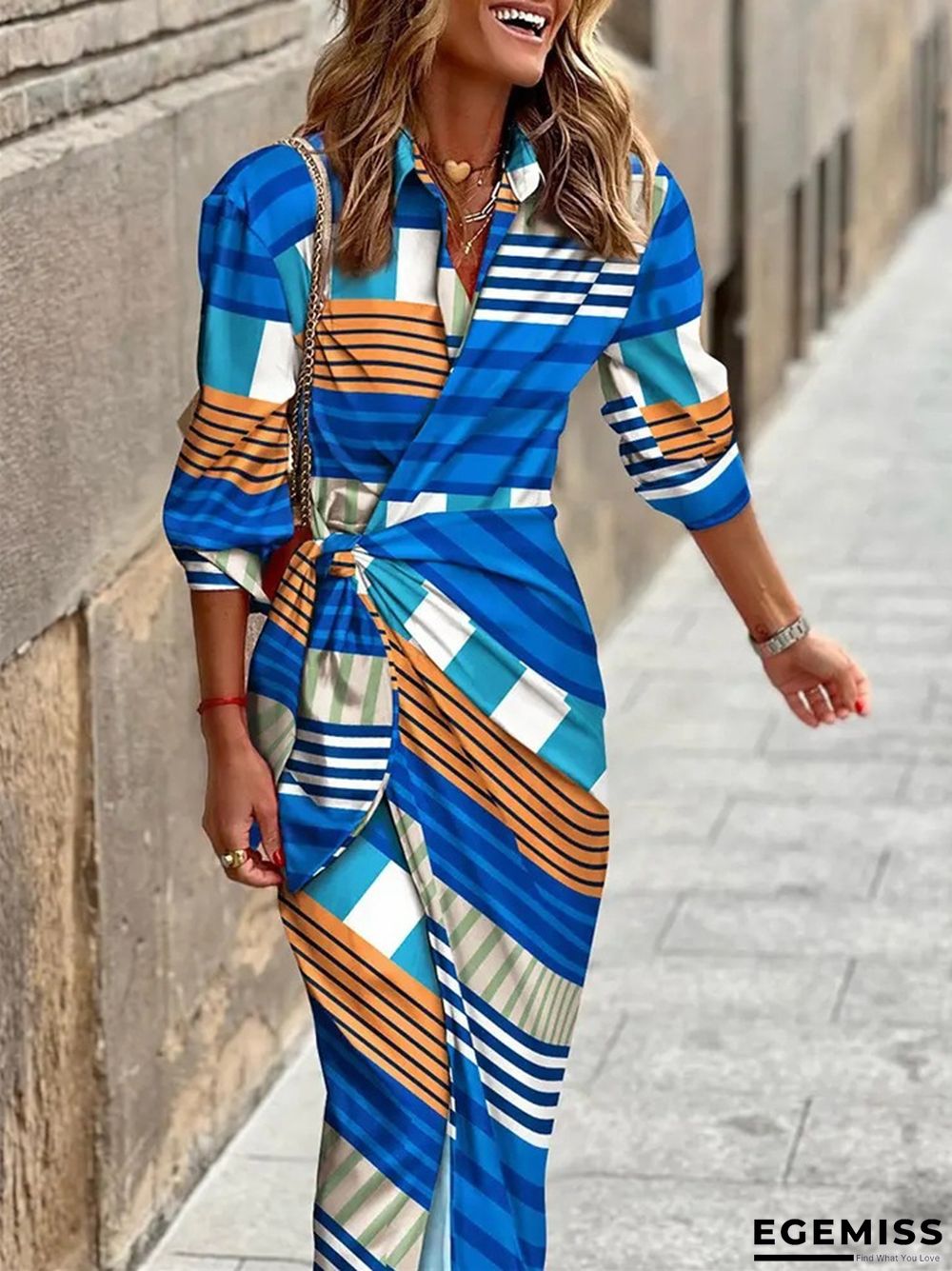 Fashion Printed Shirt Collar Lace Up Medium Length Striped Dress | EGEMISS