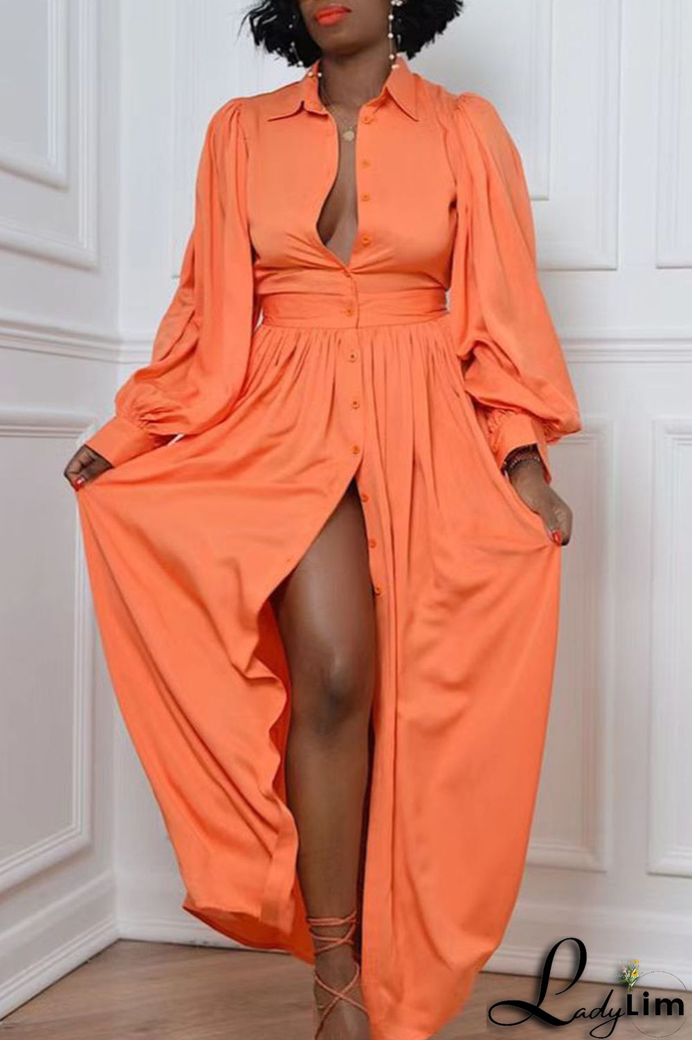 Tangerine Casual Elegant Solid Patchwork Buckle Turndown Collar Shirt Dress Dresses