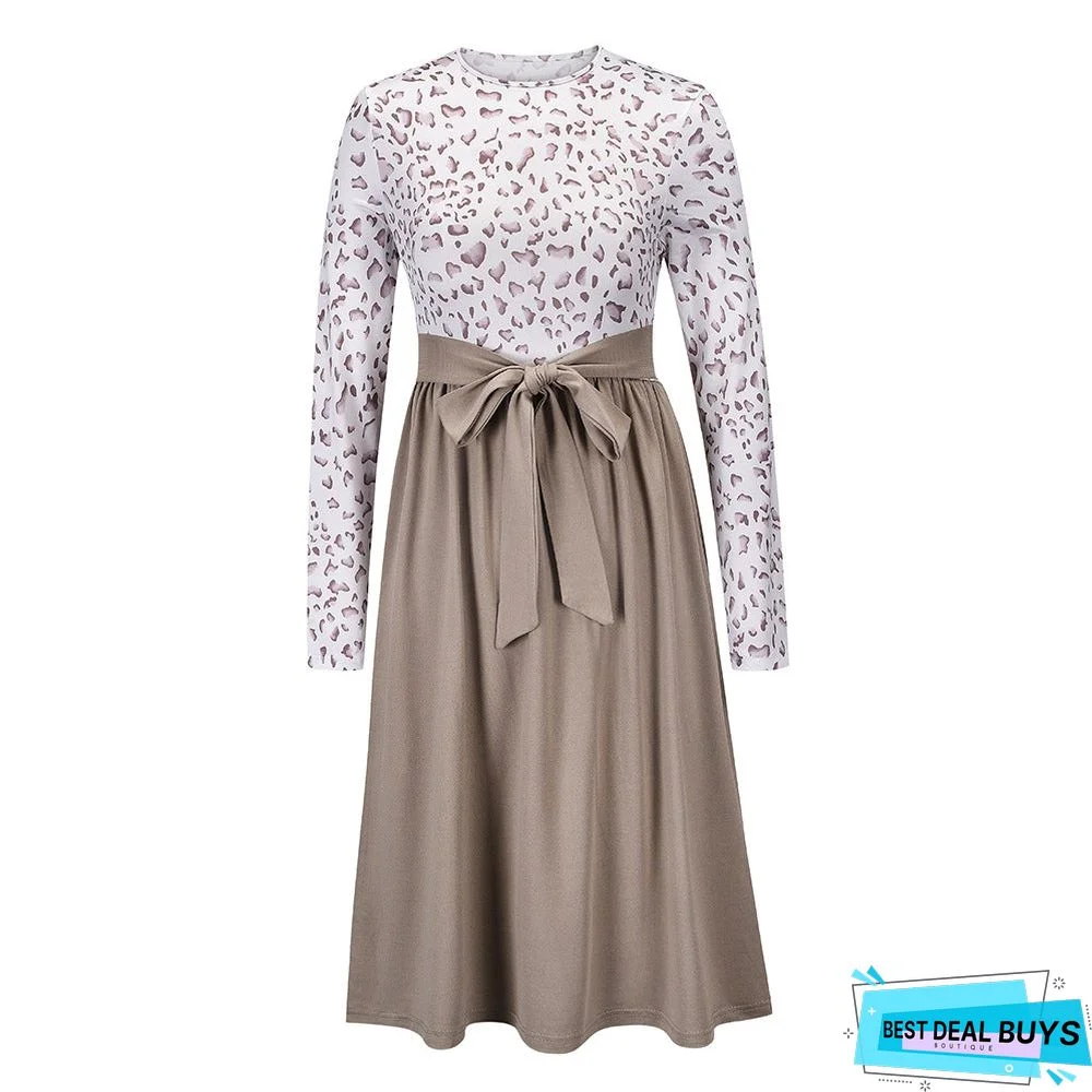 Leopard Stitched Long Sleeve Dress New Knitted Skirt In Autumn and Winter Black Dresses