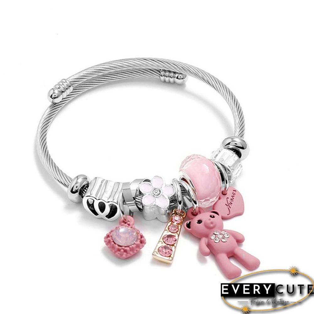 Fashion Bracelets & Bangles Stainless Steel DIY Jewelry Big Pink Bear Pendant Hearts Love Women's Bracelet Cuff Charms Pulseras