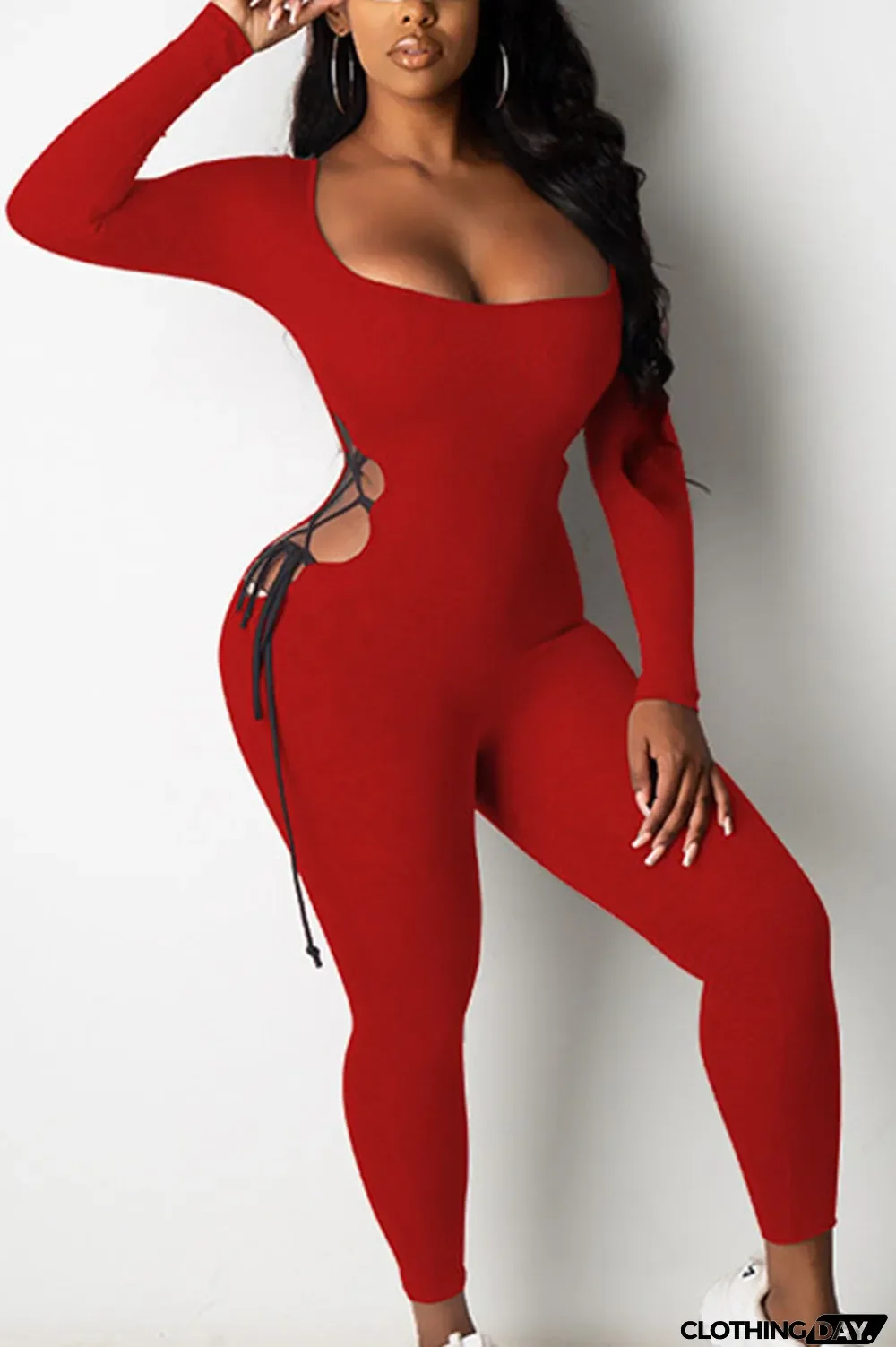 Grey Sexy Polyester Milk Fiber Solid Hollowed Out Frenulum U Neck Skinny Jumpsuits