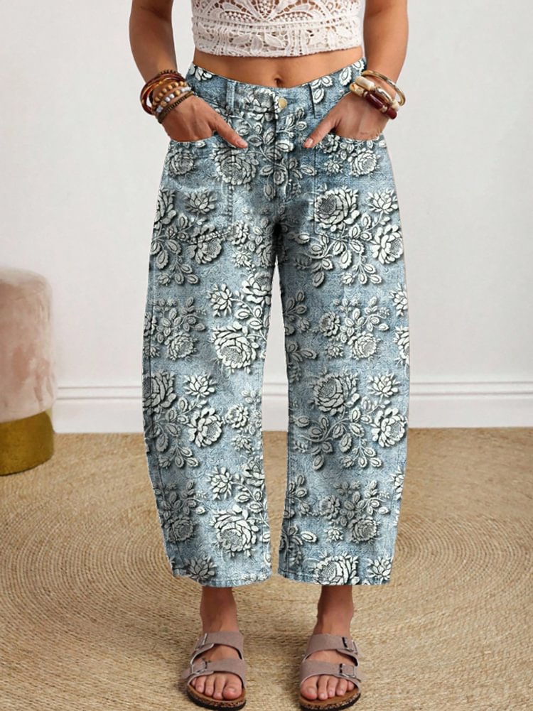 Women's Retro Floral Art Print Casual Jeans