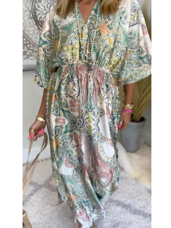 Bohemian casual print V-neck waist wrap long dress