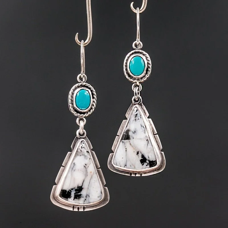 Vintage Boho Triangle Silver Color Inlaid Green Stone Earrings Women Water Ear Hook Dangle Earring