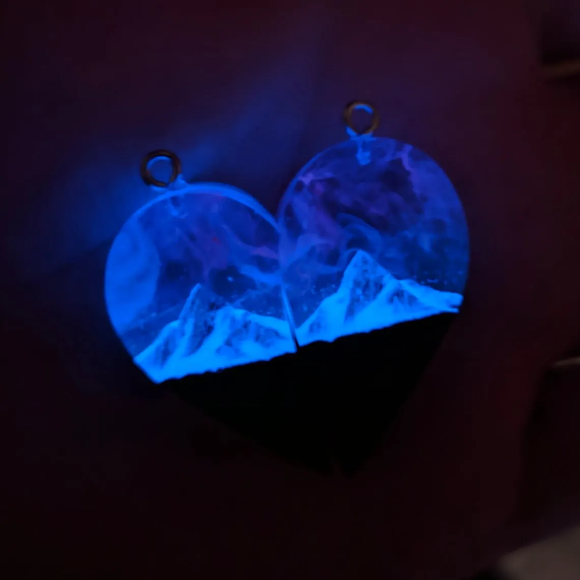 Wood Resin Paired Heart Pendants Mountains