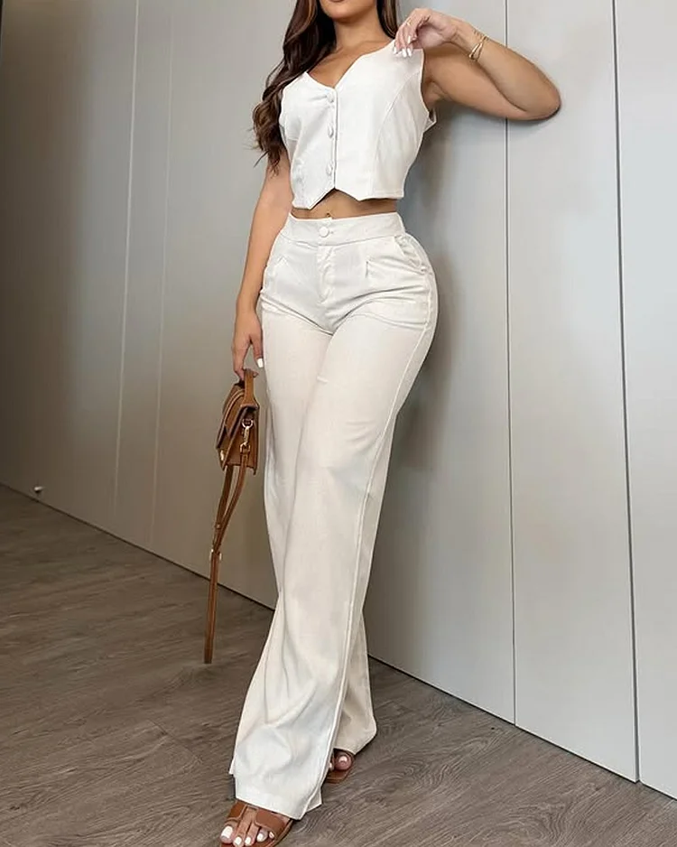 Sleeveless solid color casual two-piece suit