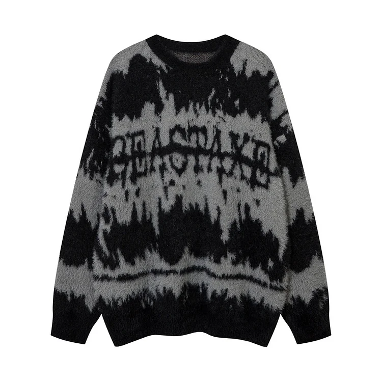 High Street Hip Hop Irregular Color Block Sweater Street Loose Casual Knit Sweater at Hiphopee