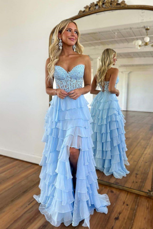 Sky Blue Sweetheart Lovely Split Chiffon Appliques Prom Dress | ZT0156