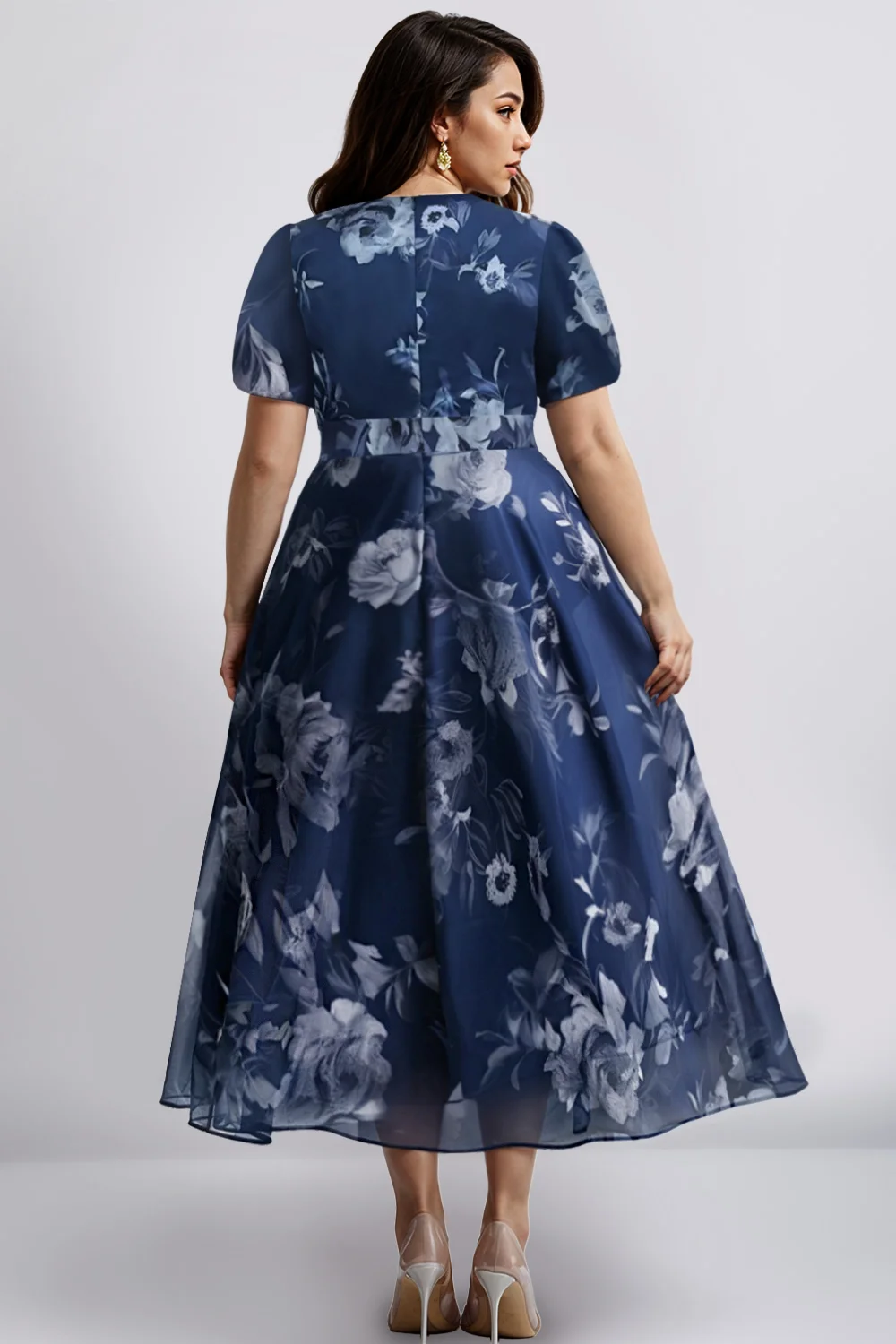 Flycurvy Plus Size Wedding Guest Navy Blue Chiffon Floral Print Puff Sleeve Tea-Length Dress