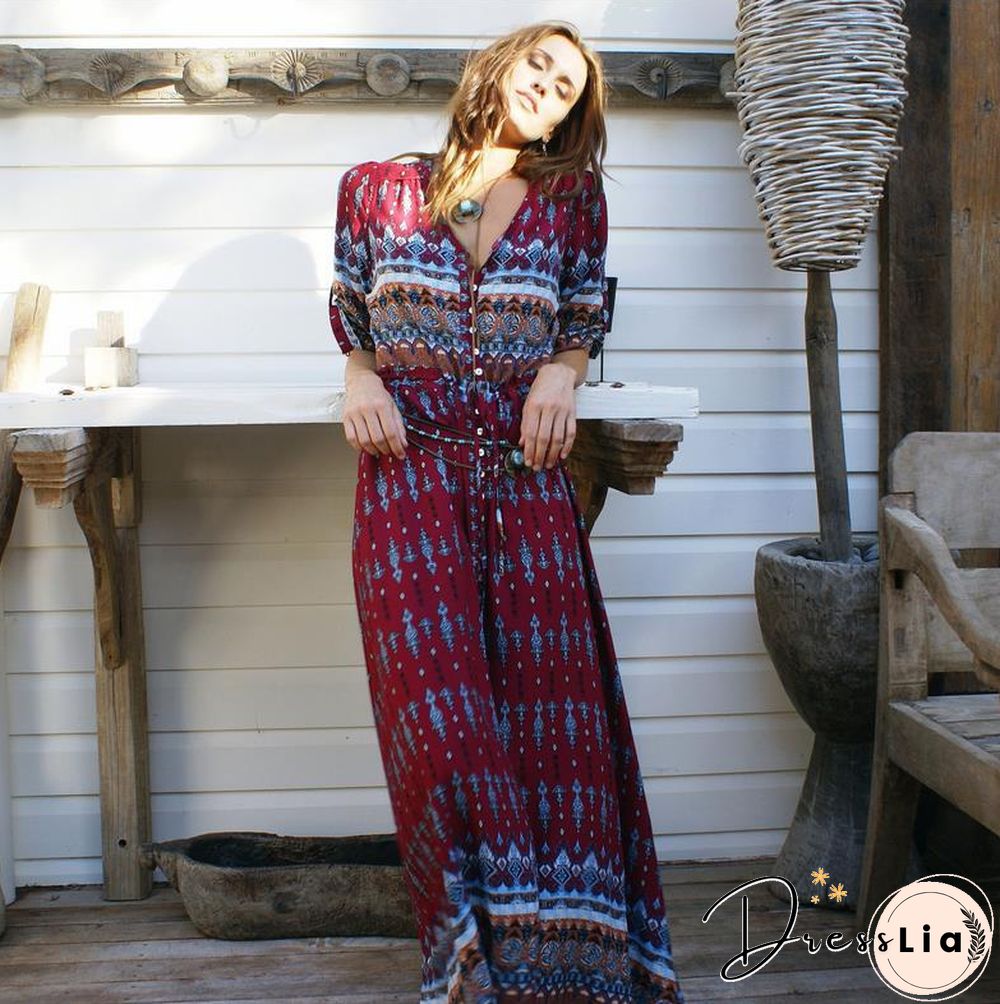 Autumn Print New Dress Women's Long Beach Dress