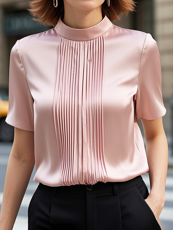 Chest Pleated Detail Short Sleeve Stand Neck Stain Top
