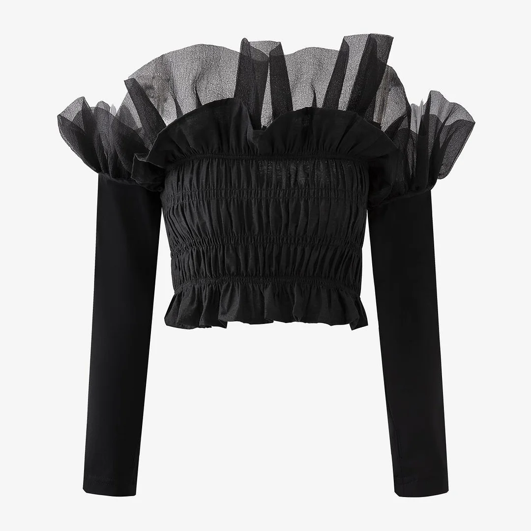 Women Black Casual Elastic Ruffles Mash Pleated T-shirt New Slash Neck Long Sleeve Fashion Tide Spring Summer 2023