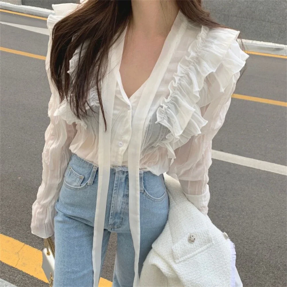 Jangj Alien Kitty Chic Vintage Ruffles Women Flare Sleeve Shirts Elegant High Street Solid 2022 Fashion Spring Casual Work Wear