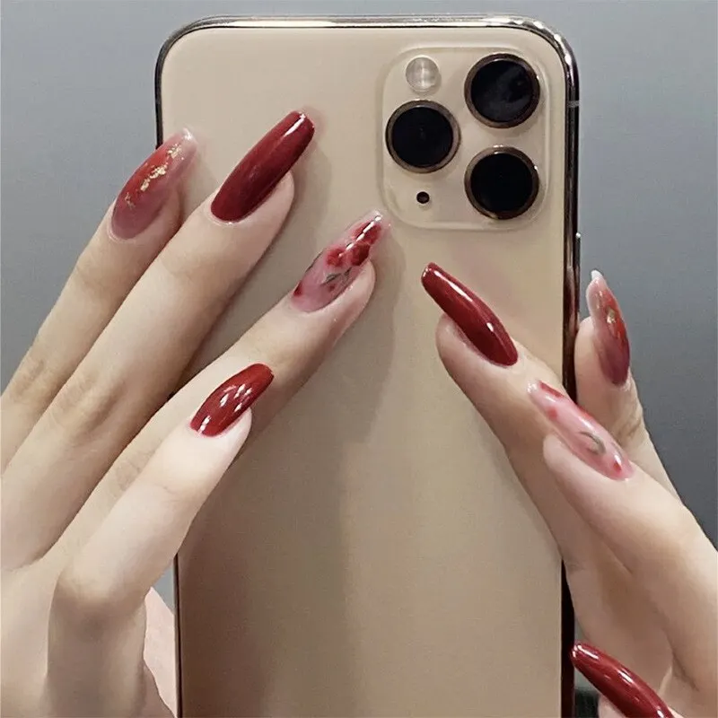 24pcs Rose Pattern Red Wine False Nail Fake Nails Coffin Glossy Press On Nails False Girls Ballerina full cover Fingernails Tips-Nail Inspo