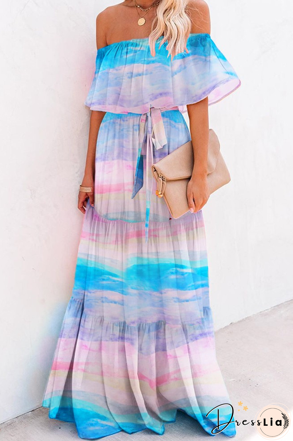 Fashion Gradual Change Flounce Off The Shoulder Cake Skirt Dresses(5 Colors)