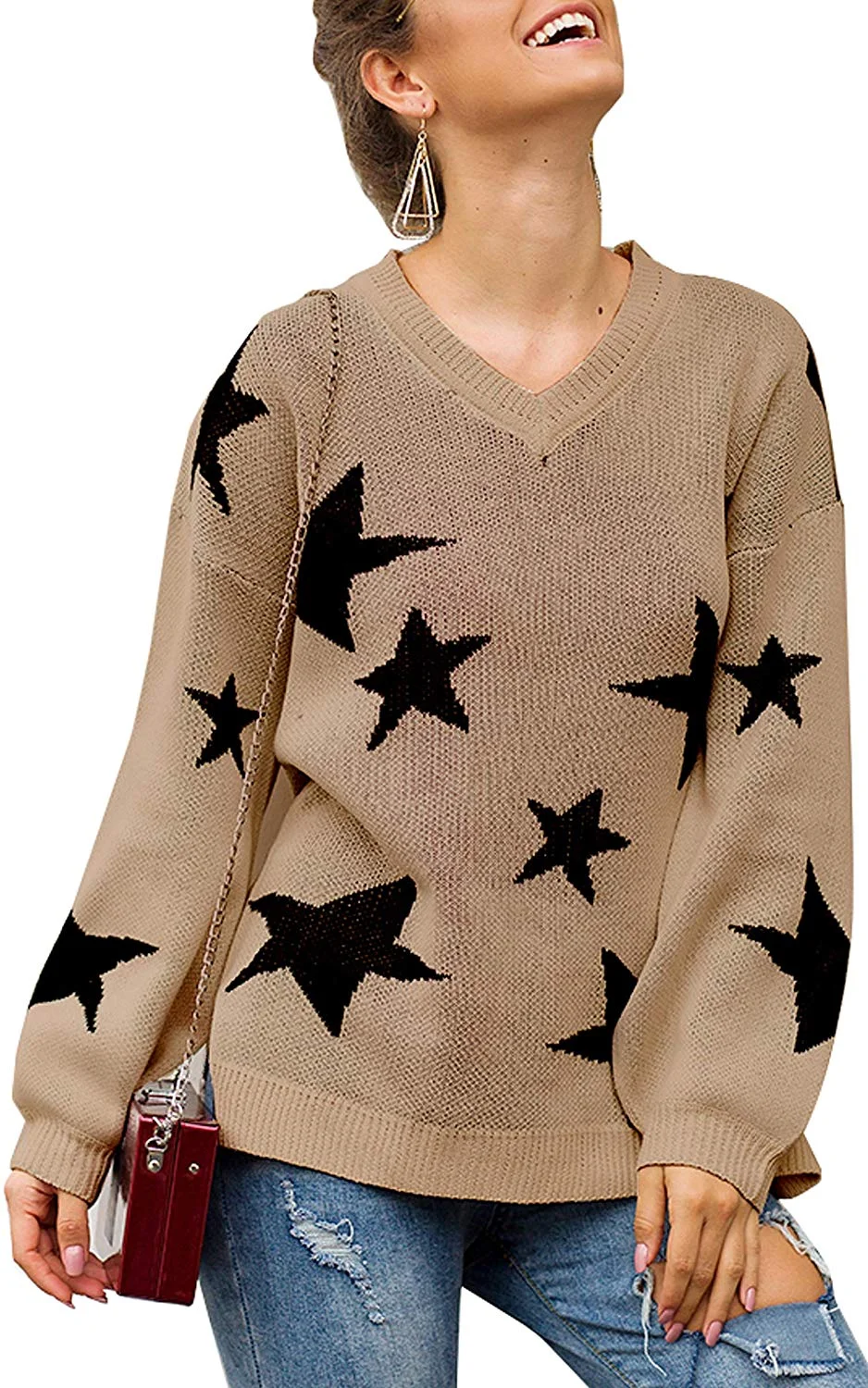 Women Knit Sweaters Long Sleeves V Neck Pullover Loose Fit Fashion Stars Sweater