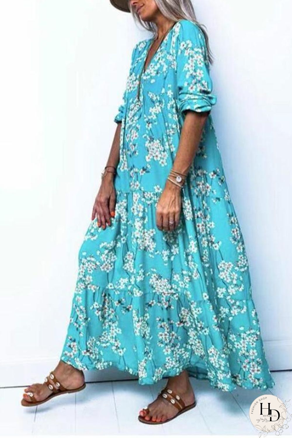 Casual V-Neck Print Boho Maxi Dress P10663