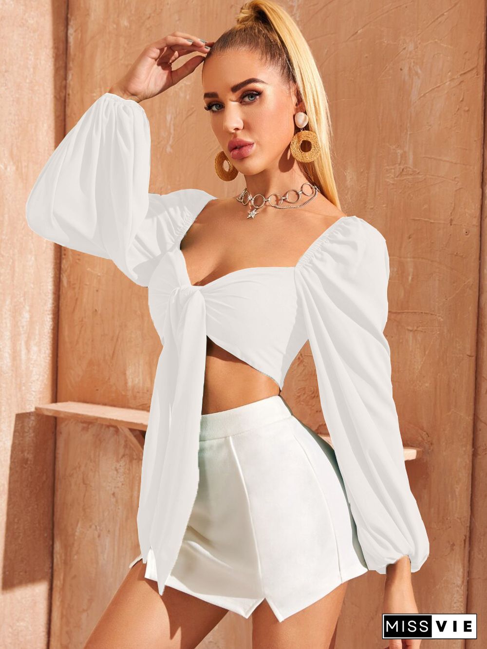Solid Puff Long Sleeve Lace Up Shirts Crop Tops