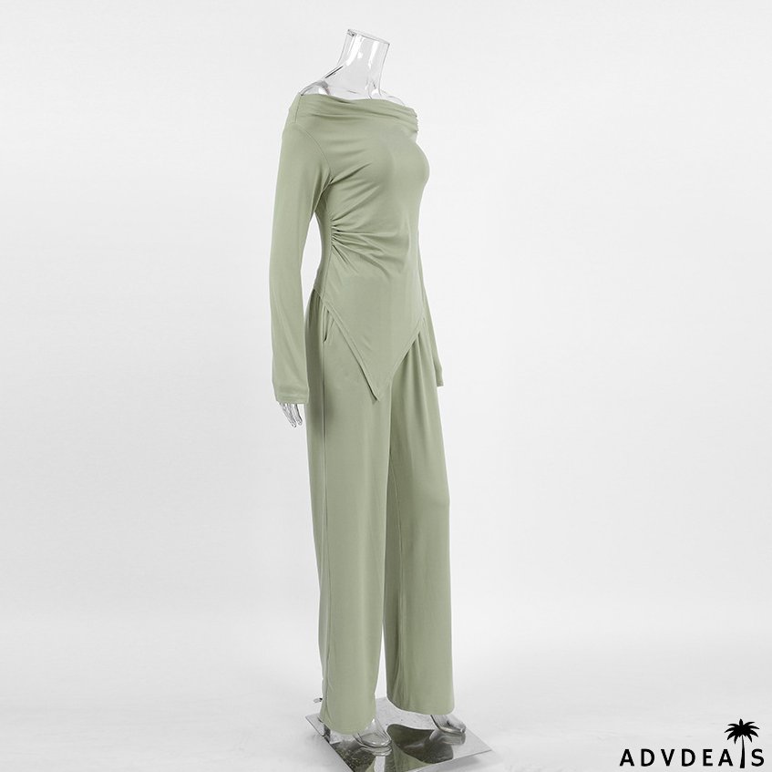 Autumn And Winter Grey Knitting Fashion Off Shoulder Long Sleeve Top High Waist Wide Leg Pants Casual Two Piece Set