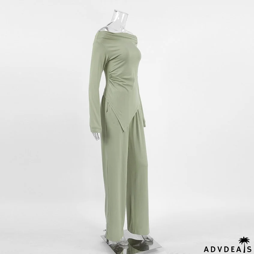 Autumn And Winter Grey Knitting Fashion Off Shoulder Long Sleeve Top High Waist Wide Leg Pants Casual Two Piece Set