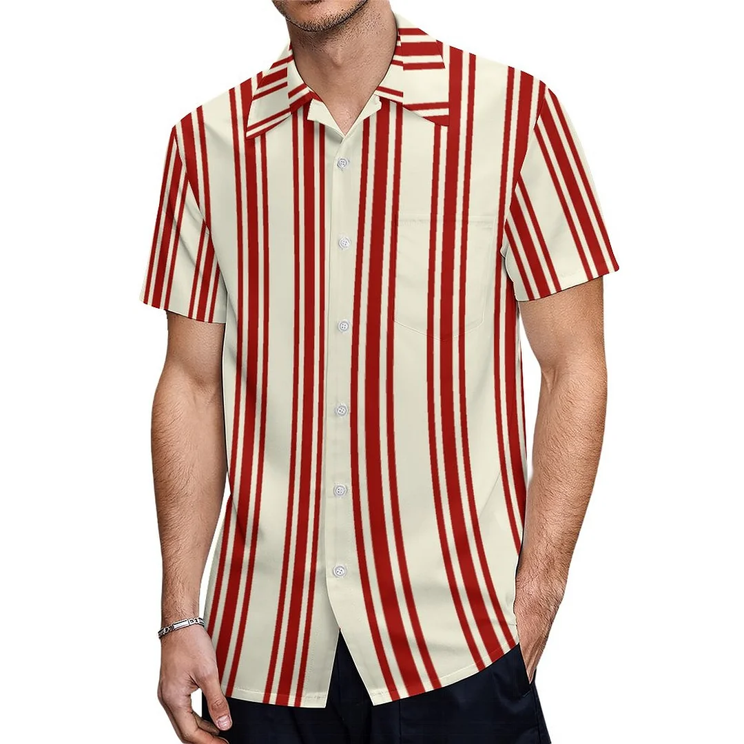 Short Sleeve Dark Red Cream Ticking Stripes Hawaiian Shirt Mens Button Down Plus Size Tropical Hawaii Beach Shirts