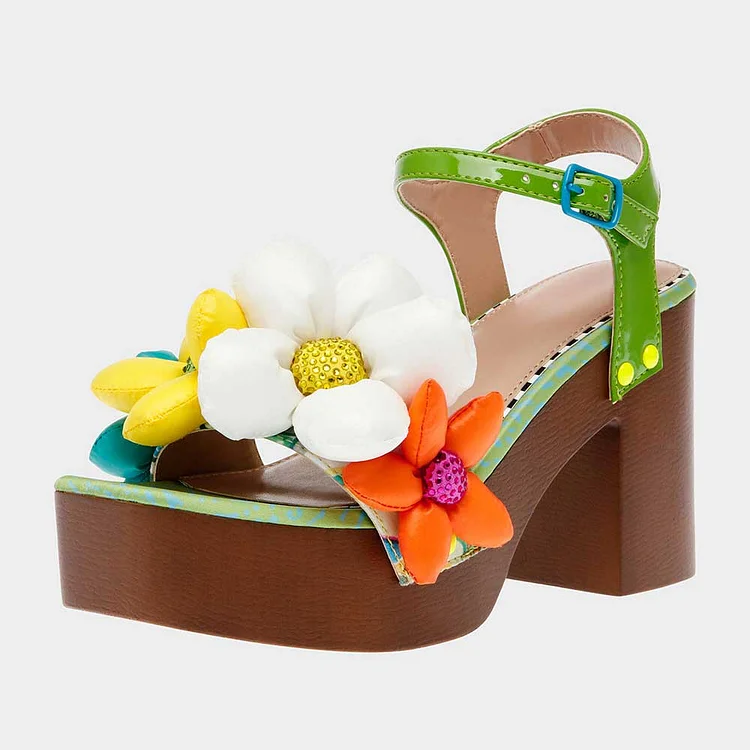 Green Square Toe Colorful Floral Decor Ankle Strap Platform Sandals |FSJ Shoes