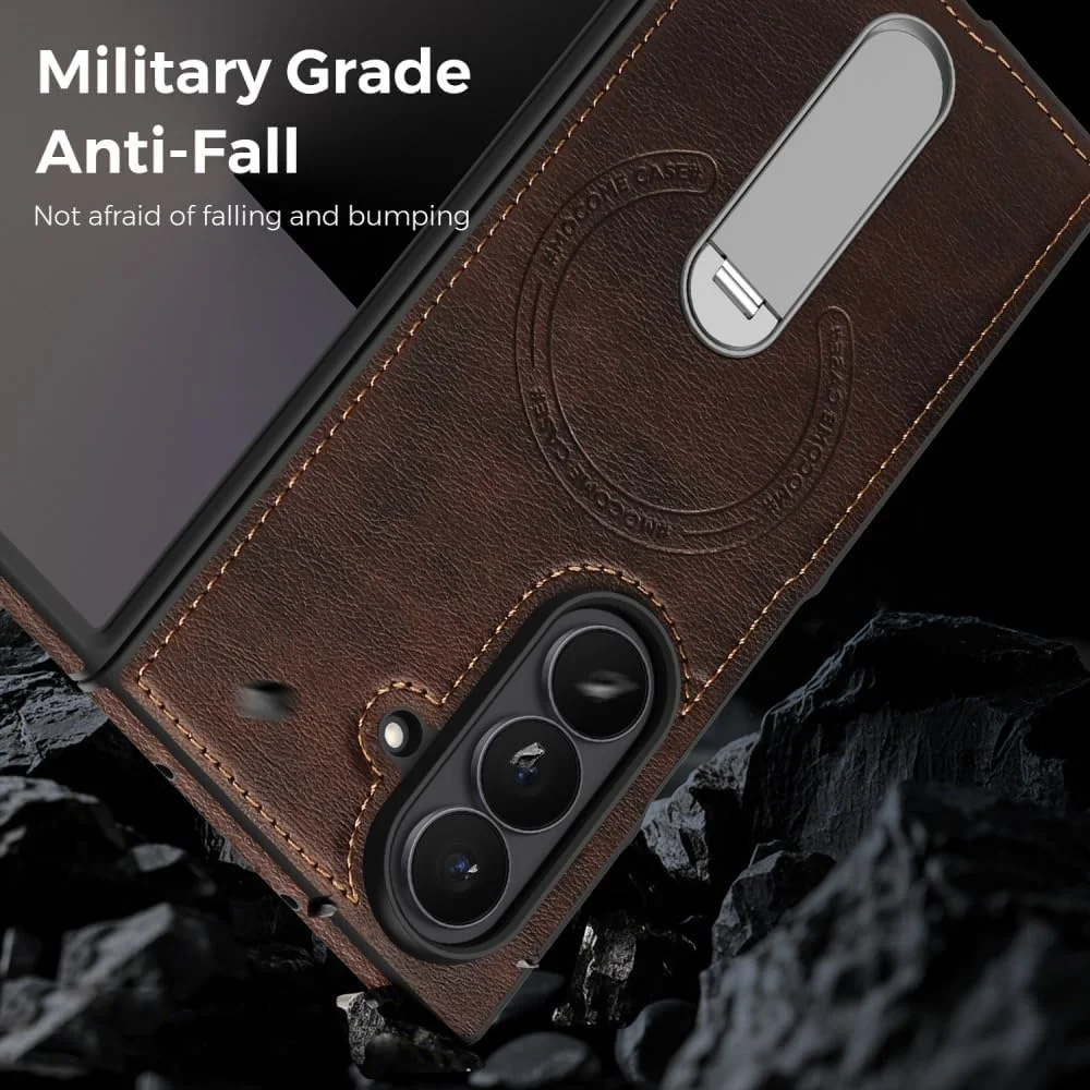 360 Rotae Kickstand Leather Case for Samsung Galaxy Z Fold 7 6 5 4 3 5G Magnetic Heavy Duty Cover, Military Shockproof Cases 