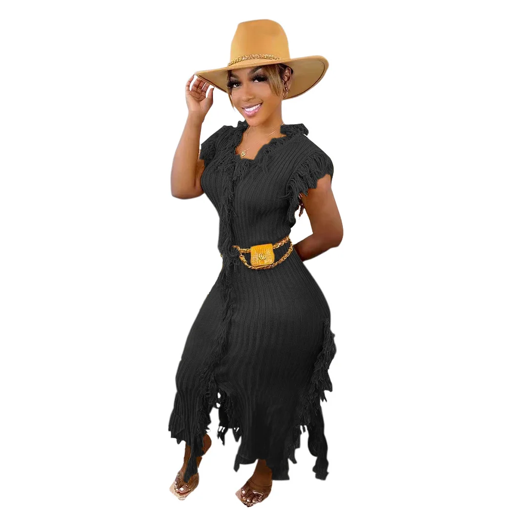 Woherb Woherb New Women's Casual And Versatile Pure Color Knitting Sleeveless Tassel Dress-Outfit Ideas