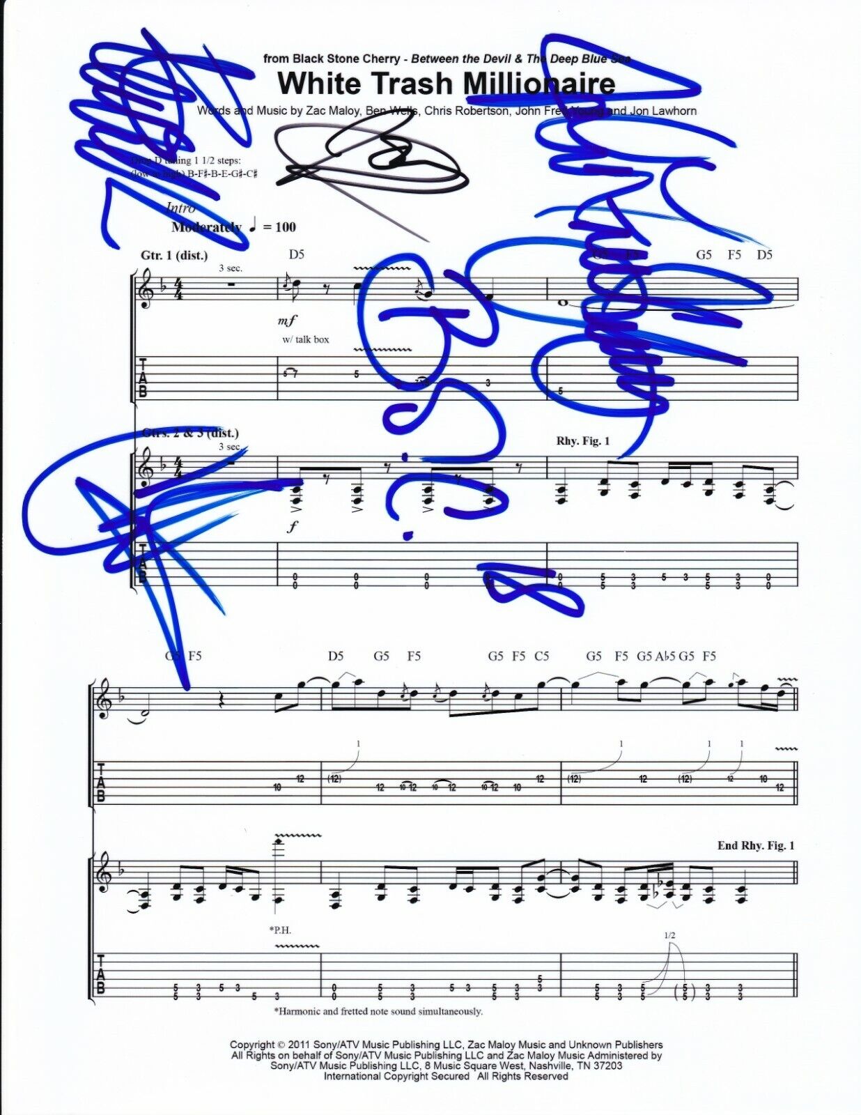 Black Stone Cherry REAL hand SIGNED White Trash Millionaire Sheet Music #1 COA