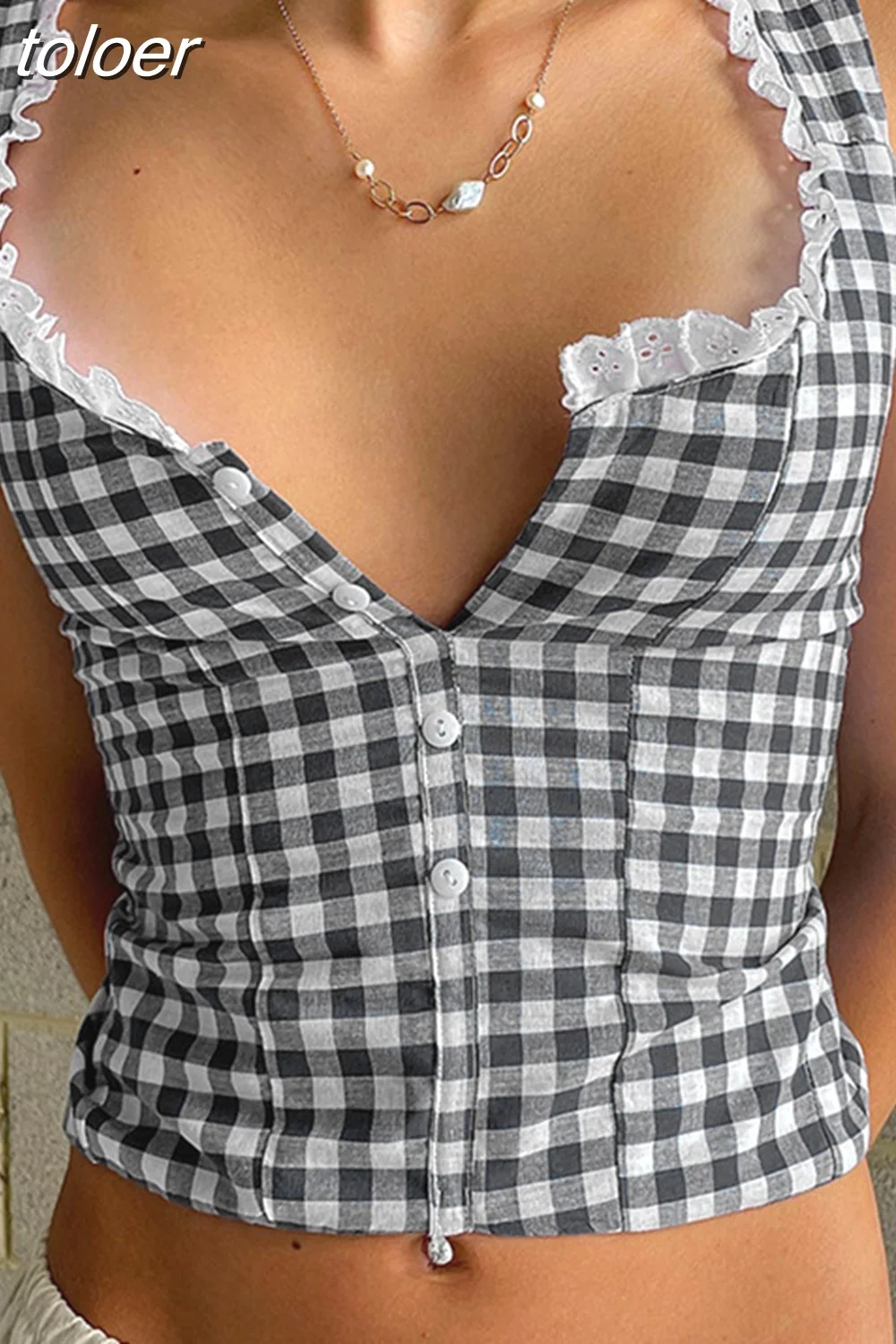 toloer Gingham Crop Tops Summer Y2k Clothes Women Lace Trim Button Up Square Neck Backless Tank Top Cute Girls P33-BG10